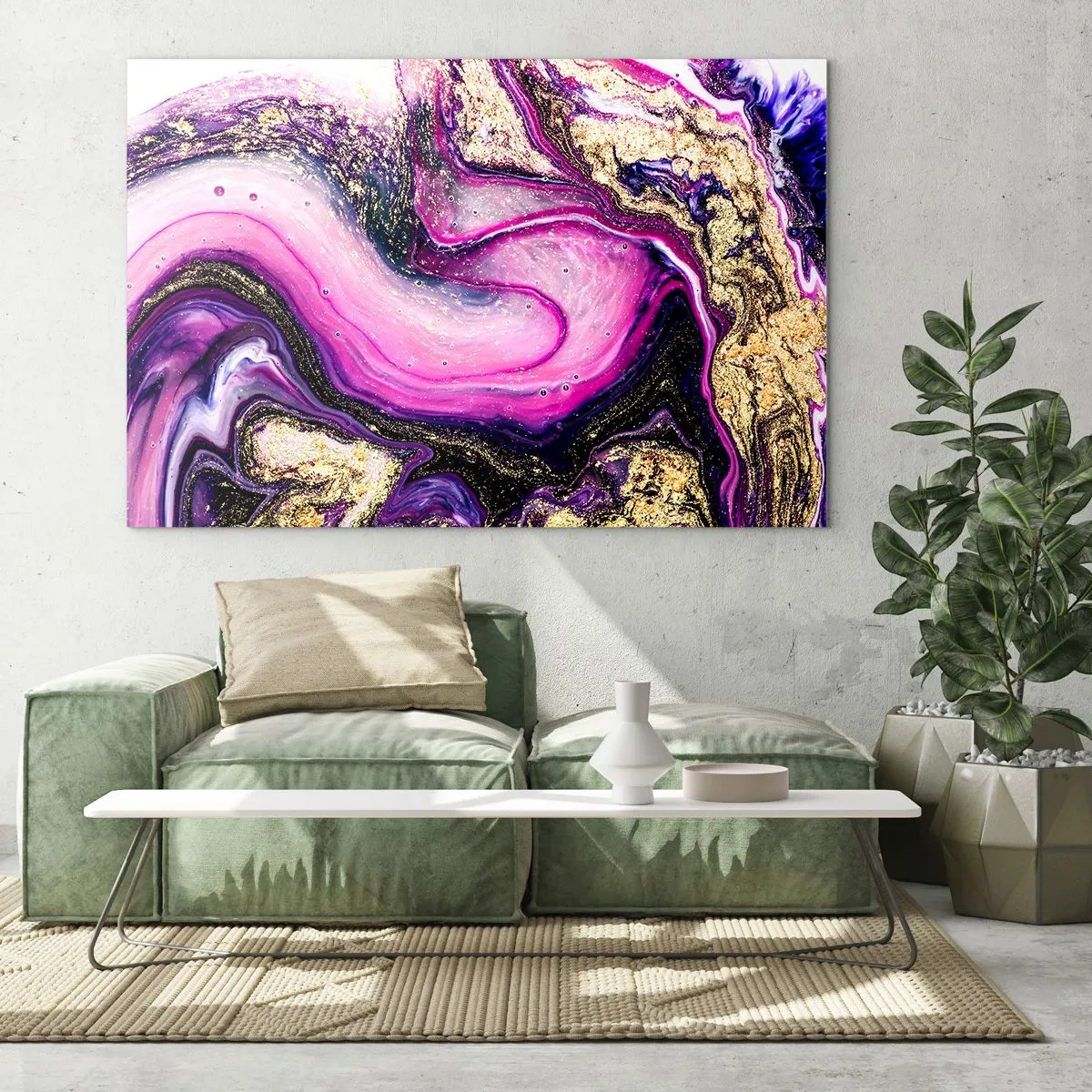 Impression sur verre - Image sur verre - Une composition abstraite dans des tons de violet et d'or. - 70x50cm - Un instant dans les coulisses - Décoration murale moderne pour le salon et la chambre ARTTOR