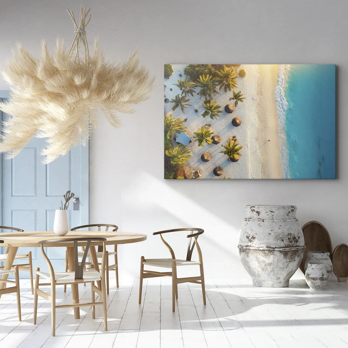 Impression sur toile - Image sur toile - Vue d'une plage tropicale avec des palmiers et une mer turquoise - 120x80cm - Bienvenue au paradis - Décoration murale moderne pour le salon et la chambre ARTTOR