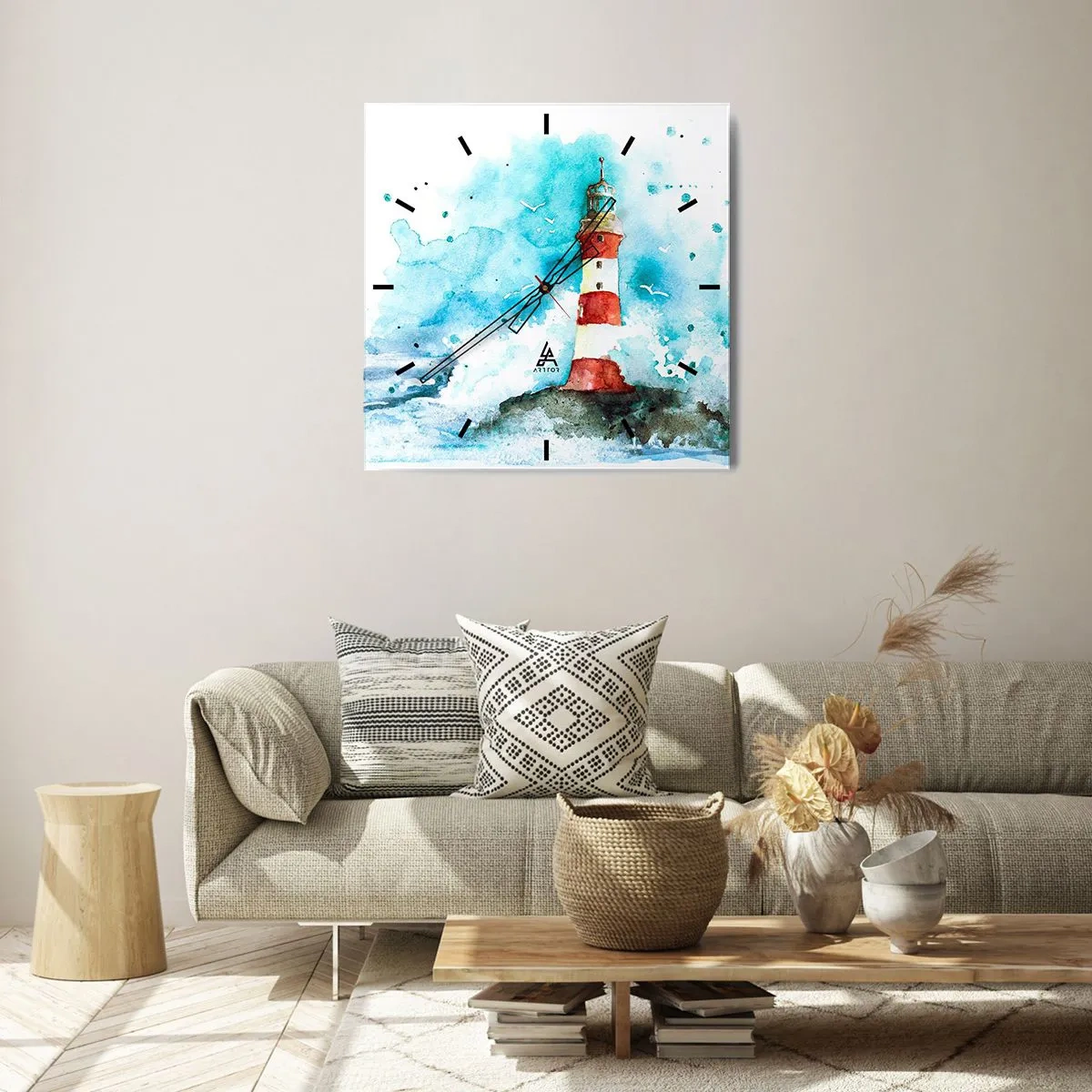 Horloge murale - Pendule murale - Un phare dans un décor aquarelle sur fond bleu - 30x30cm - Unité des éléments - Décoration murale moderne pour le salon et la chambre ARTTOR
