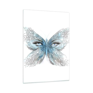 Impression sur verre - Image sur verre - Un papillon aux ailes bleues et aux yeux humains dans un style artistique. - 50x70cm - Mésange bleue Eros - Décoration murale moderne pour le salon et la chambre ARTTOR