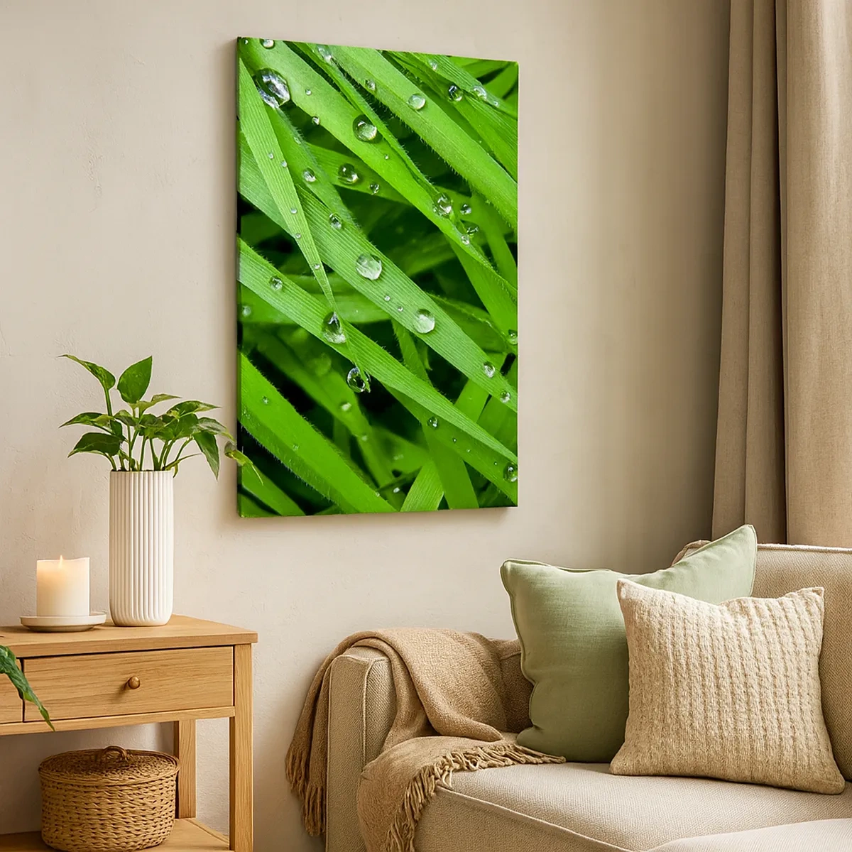 Impression sur toile - Image sur toile - Gros plan de brins d'herbe verte avec des gouttes de rosée - 50x70cm - Jouez dans le vert - Décoration murale moderne pour le salon et la chambre ARTTOR