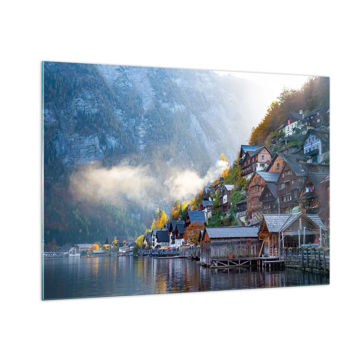 Impression sur verre - Image sur verre - Un matin d'automne dans une ville de montagne au bord d'un lac - 100x70cm - Ambiance alpine - Décoration murale moderne pour le salon et la chambre ARTTOR
