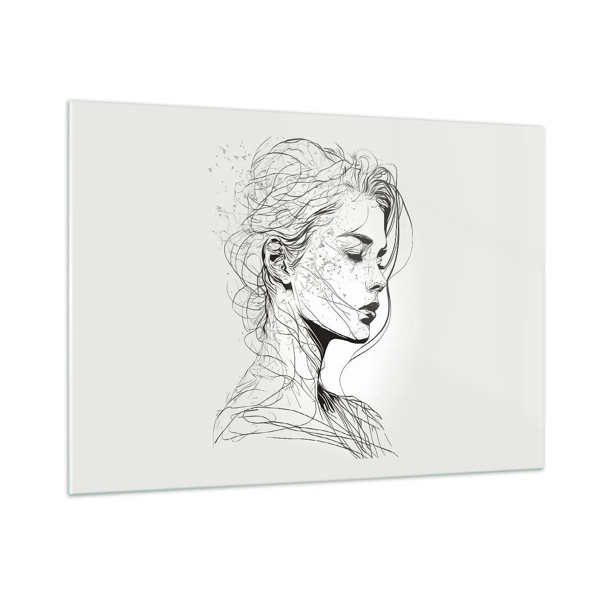 Impression sur verre - Image sur verre - Un croquis en noir et blanc d'une femme aux yeux fermés dans une ligne délicate. - 100x70cm - Portrait en pensée - Décoration murale moderne pour le salon et la chambre ARTTOR