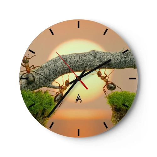 Horloge murale - Pendule murale - Fourmis sur une branche à la lumière du soleil couchant - 30x30cm - La joie, travaille d'équipe - Décoration murale moderne pour le salon, la cuisine et la chambre ARTTOR