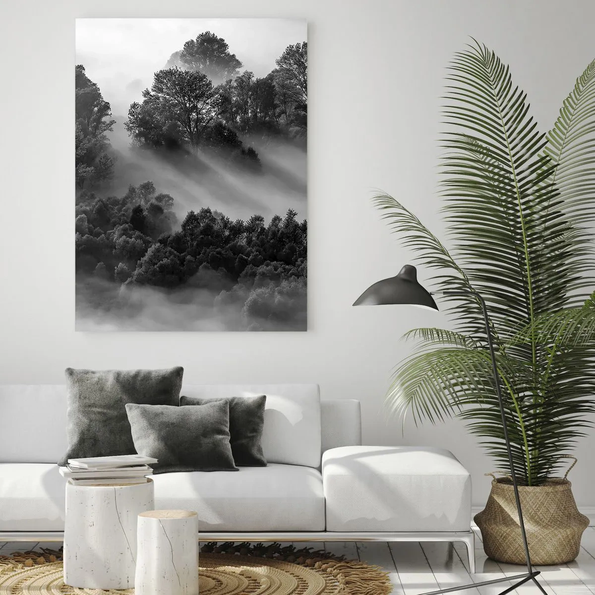 Impression sur verre - Image sur verre - Paysage forestier noir et blanc dans le brouillard du matin - 70x100cm - Sortir de son sommeil - Décoration murale moderne pour le salon et la chambre ARTTOR