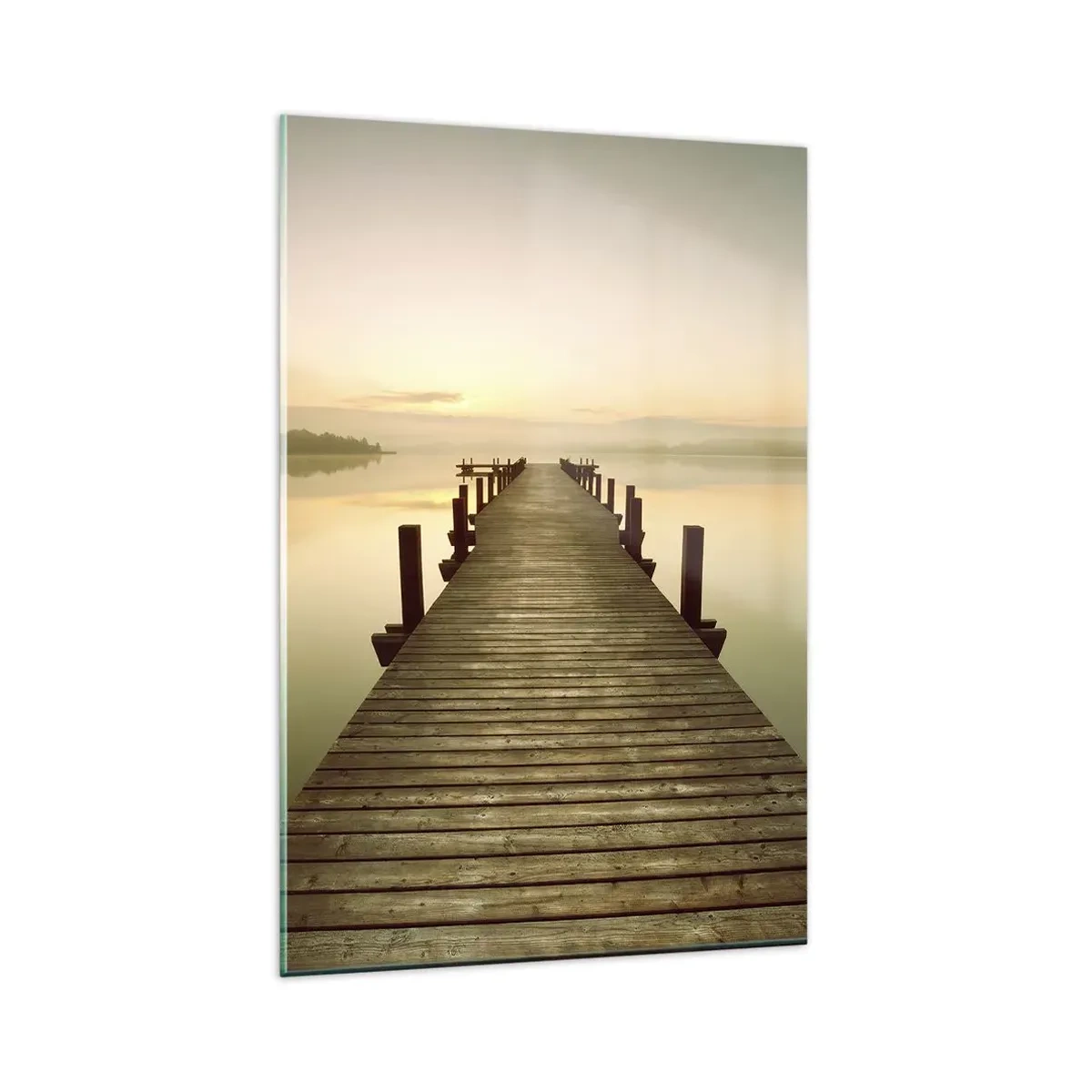 Impression sur verre - Image sur verre - Une jetée en bois sur un lac calme le matin - 80x120cm - L'aube, les premières lueurs, le jour  - Décoration murale moderne pour le salon et la chambre ARTTOR