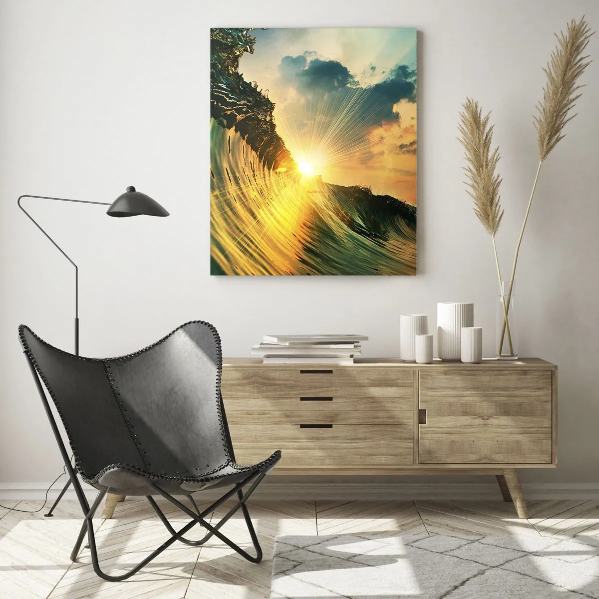 Impression sur verre - Image sur verre - Une vague avec le soleil couchant et les nuages illuminés - 80x120cm - Surfeur, où es-tu ? - Décoration murale moderne pour le salon et la chambre ARTTOR