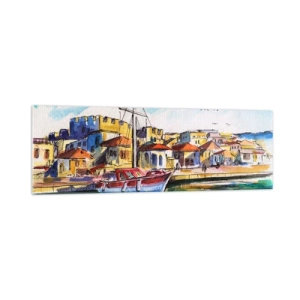 Impression sur verre - Image sur verre - Un port pittoresque avec un bateau et des bâtiments colorés - 160x50cm - Après-midi arc-en-ciel - Décoration murale moderne pour le salon et la chambre ARTTOR