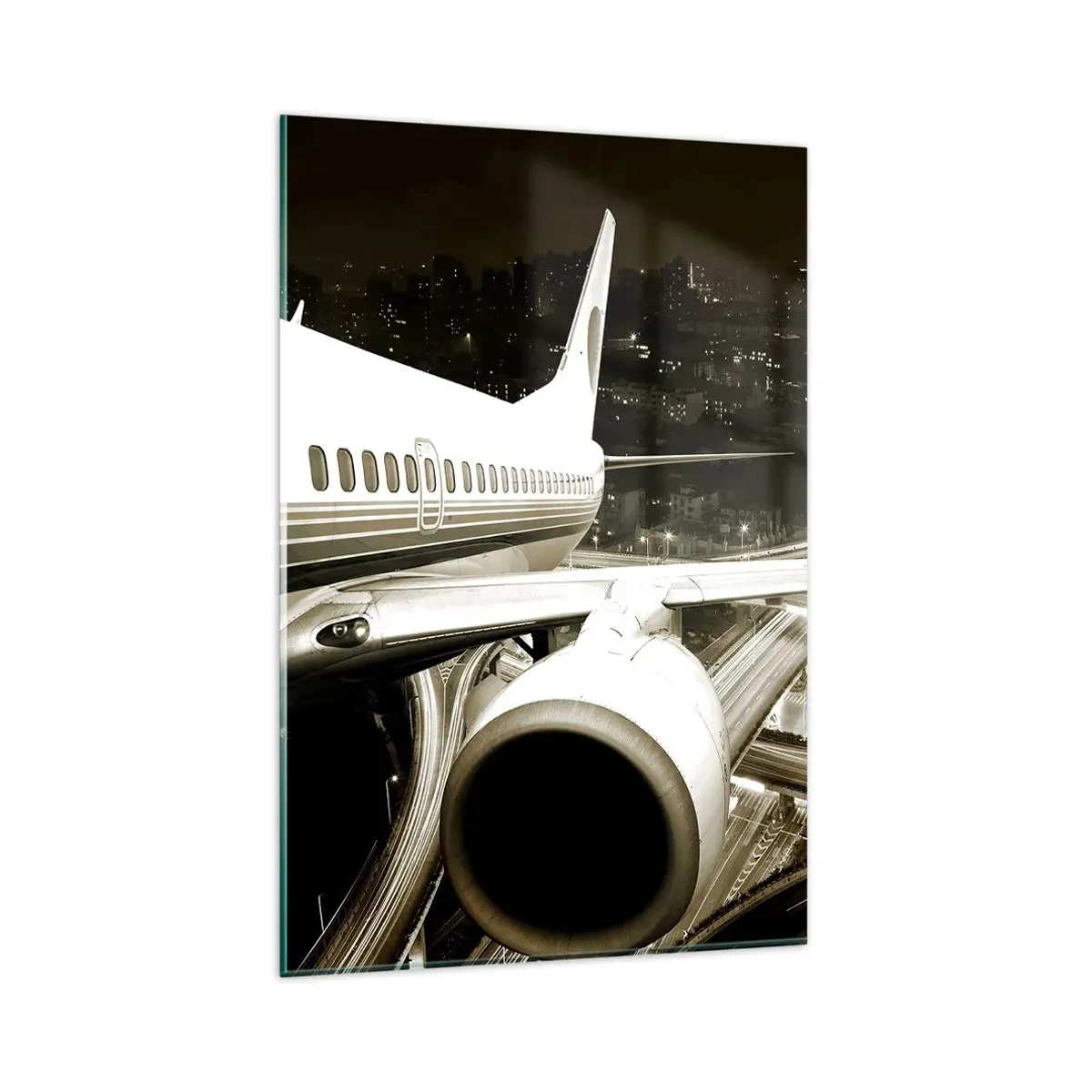 Impression sur verre - Image sur verre - Un avion au-dessus d'une ville nocturne avec des autoroutes illuminées - 80x120cm - Vole dans la nuit - Décoration murale moderne pour le salon et la chambre ARTTOR