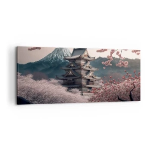 Impression sur toile - Image sur toile - Un temple japonais entouré de cerisiers en fleurs et de montagnes - 120x50cm - Le pays des cerisiers en fleurs - Décoration murale moderne pour le salon et la chambre ARTTOR