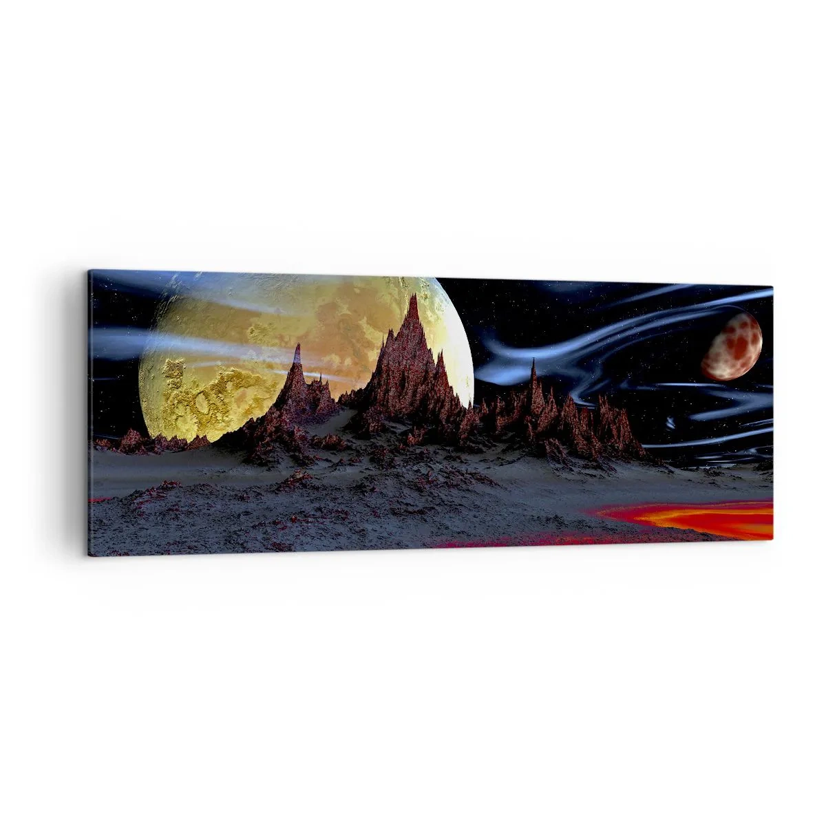 Impression sur toile - Image sur toile - Un paysage fantastique avec des planètes et des paysages volcaniques - 140x50cm - Monde inconnu - Décoration murale moderne pour le salon et la chambre ARTTOR