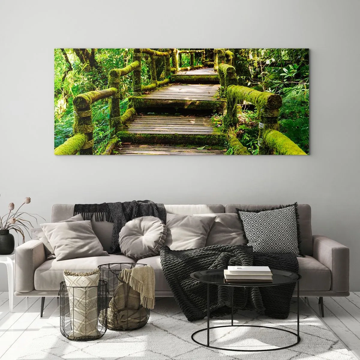 Impression sur verre - Image sur verre - Un pont en bois recouvert de mousse dans une forêt tropicale - 120x50cm - Un couloir de verdure - Décoration murale moderne pour le salon et la chambre ARTTOR