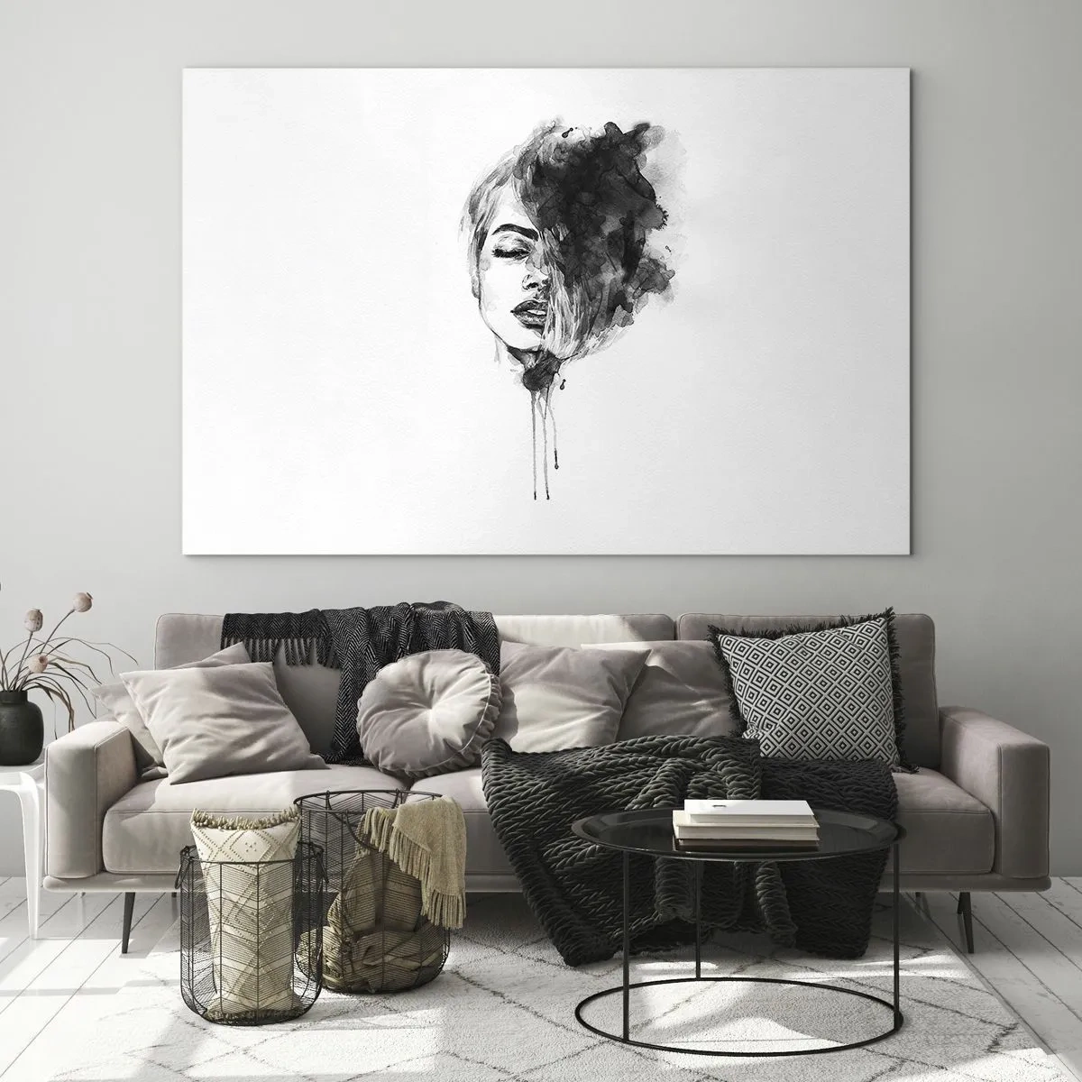 Impression sur verre - Image sur verre - Portrait noir et blanc d'une femme avec une ombre abstraite - 120x80cm - De quoi rêve la fille - Décoration murale moderne pour le salon et la chambre ARTTOR