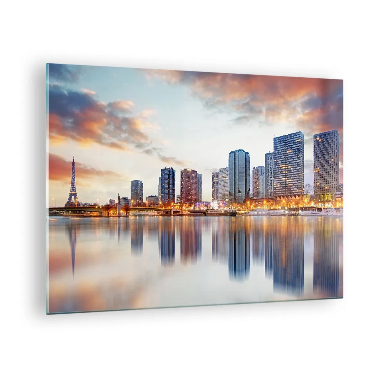 Impression sur verre - Image sur verre - Panorama de Paris avec la Tour Eiffel et les bâtiments modernes au crépuscule - 70x50cm - La tranquillité monumentale de Paris - Décoration murale moderne pour le salon et la chambre ARTTOR