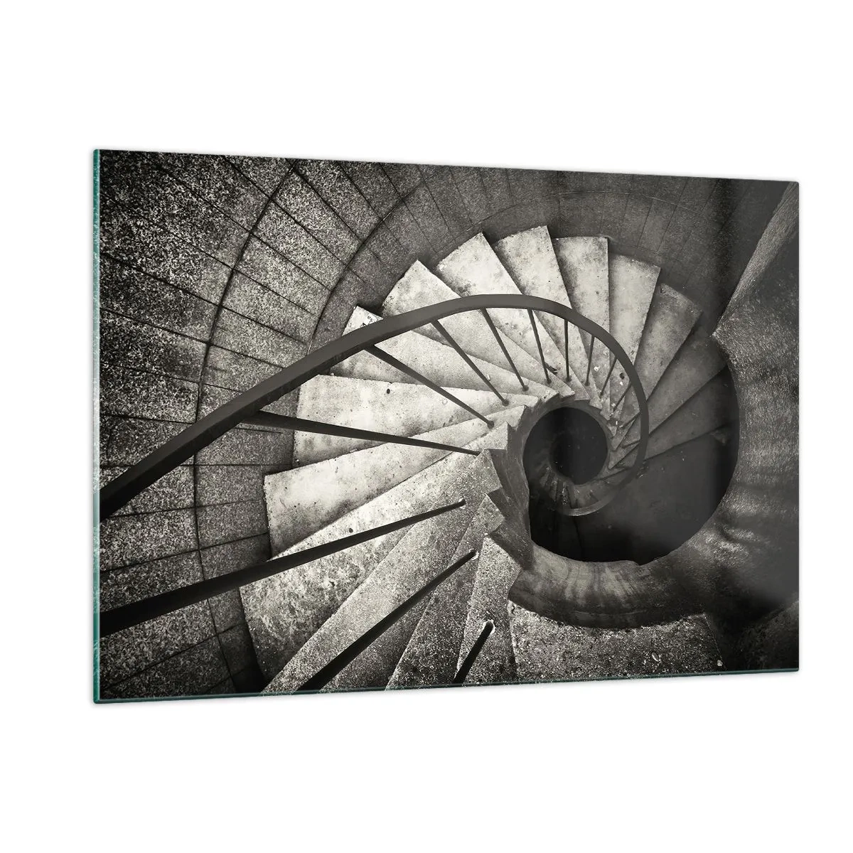 Impression sur verre - Image sur verre - Un escalier en colimaçon noir et blanc vu à vol d'oiseau - 120x80cm - En haut des escaliers, en bas des escaliers - Décoration murale moderne pour le salon et la chambre ARTTOR