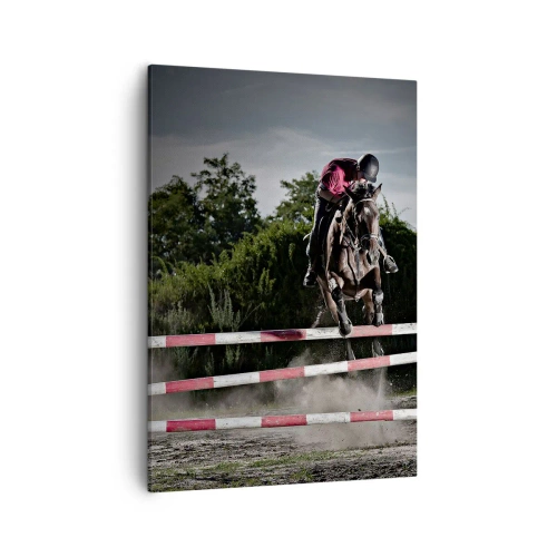 Impression sur toile - Image sur toile - Un cavalier sur un cheval sautant par-dessus un obstacle sur une piste de course - 50x70cm - Ensemble pour la victoire - Décoration murale moderne pour le salon et la chambre ARTTOR