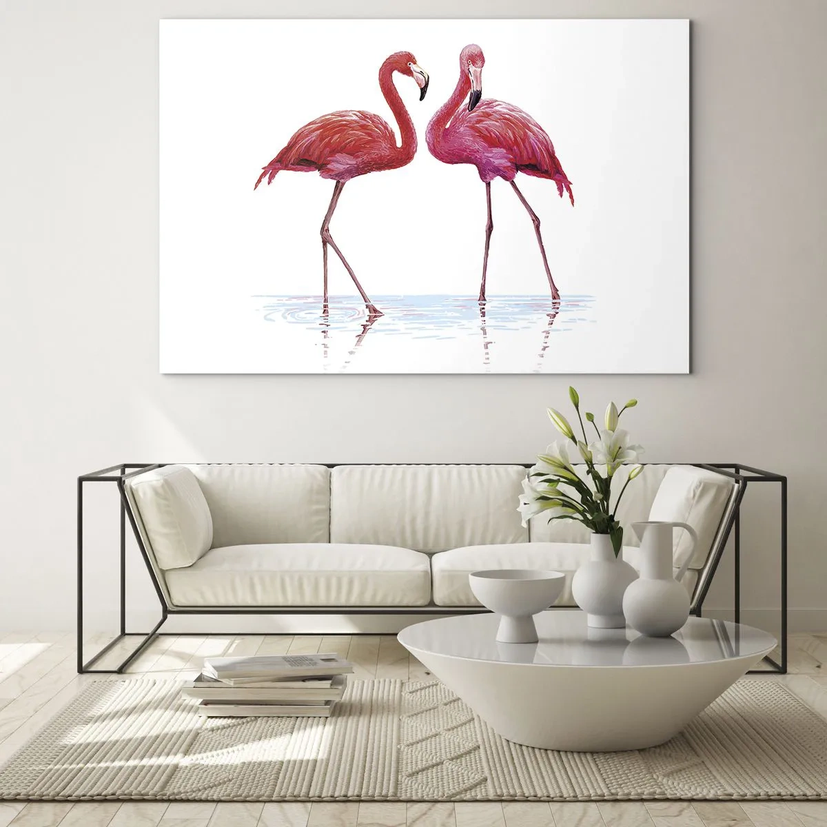 Impression sur verre - Image sur verre - Deux flamants roses debout dans l'eau - 120x80cm - Rendez-vous rose - Décoration murale moderne pour le salon et la chambre ARTTOR