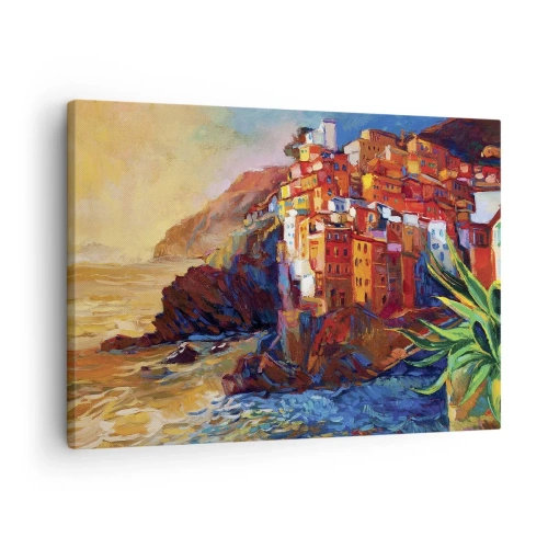 Impression sur toile - Image sur toile - Maisons colorées sur une falaise au-dessus de la mer - 70x50cm - Climats italien - Décoration murale moderne pour le salon et la chambre ARTTOR