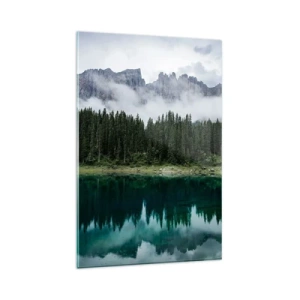 Impression sur verre - Image sur verre - Un paysage de montagne avec une forêt et un lac reflétant le ciel - 80x120cm - Chut, chut, ne réveillons pas l'eau qui dort - Décoration murale moderne pour le salon et la chambre ARTTOR