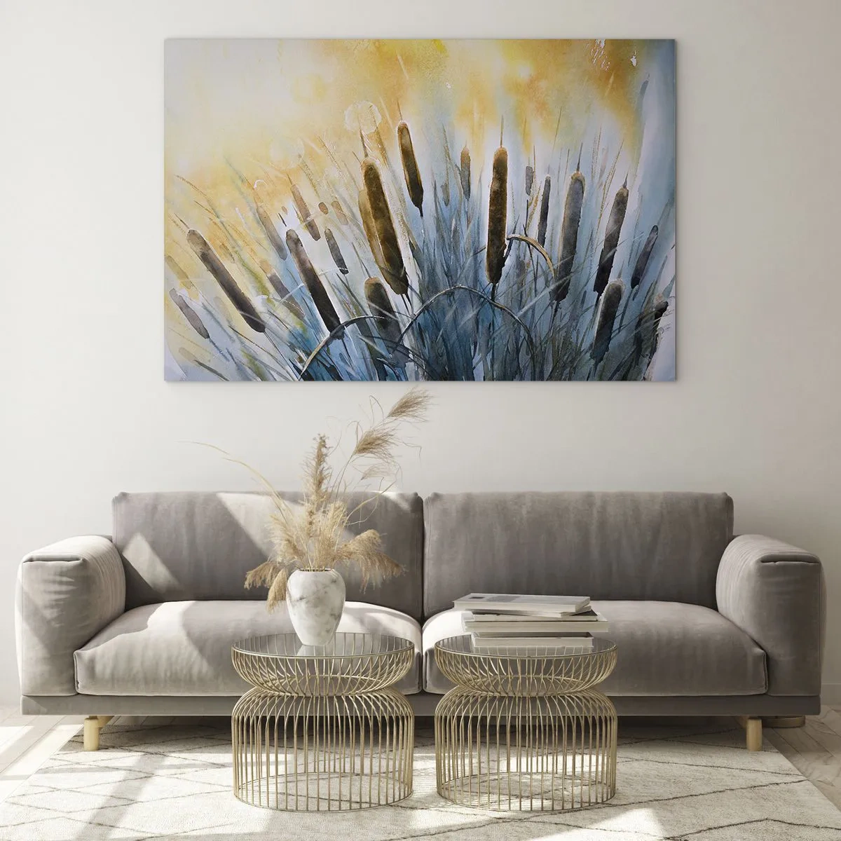Impression sur verre - Image sur verre - Quenouilles peintes contre un ciel ensoleillé - 100x70cm - Fraicheur de l'eau, chaleur du soleil - Décoration murale moderne pour le salon et la chambre ARTTOR
