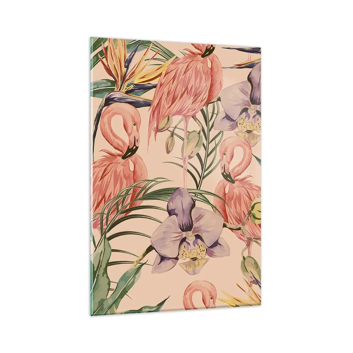 Impression sur verre - Image sur verre - Flamants roses et fleurs tropicales sur fond clair - 80x120cm - Ballet rose dans les fleurs - Décoration murale moderne pour le salon et la chambre ARTTOR