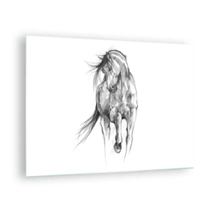 Impression sur verre - Image sur verre - Un croquis d'un cheval au galop dans un style minimaliste - 70x50cm - D'un trot gracieux - Décoration murale moderne pour le salon et la chambre ARTTOR