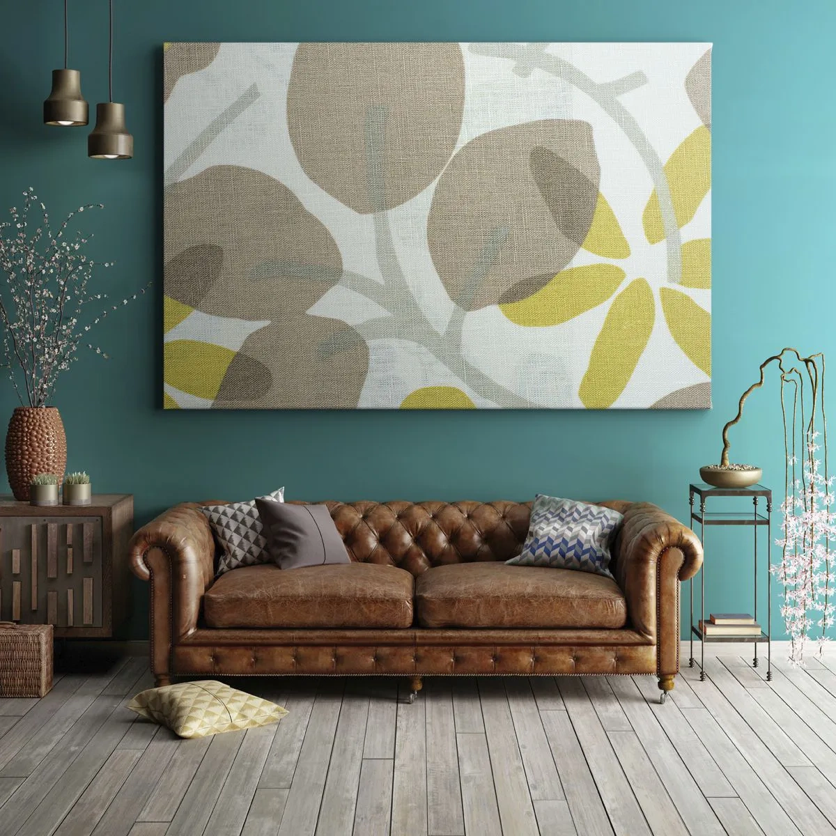 Impression sur toile - Image sur toile - Feuilles abstraites dans les tons beige et jaune - 120x80cm - Composition en plein soleil - Décoration murale moderne pour le salon et la chambre ARTTOR