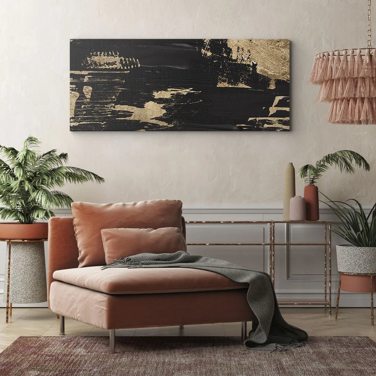 Impression sur toile - Image sur toile - Composition abstraite dans les tons de noir et d'or - 140x50cm - Empreinte du toucher - Décoration murale moderne pour le salon et la chambre ARTTOR