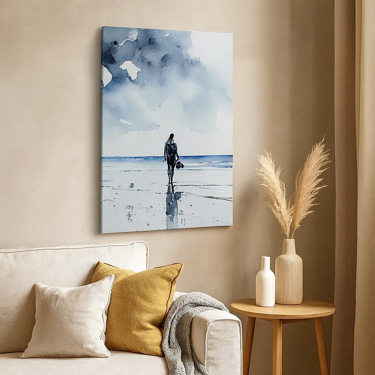 Impression sur toile - Image sur toile - Une silhouette sur une plage dans un environnement marin calme - 50x70cm - Conversation avec la mer - Décoration murale moderne pour le salon et la chambre ARTTOR