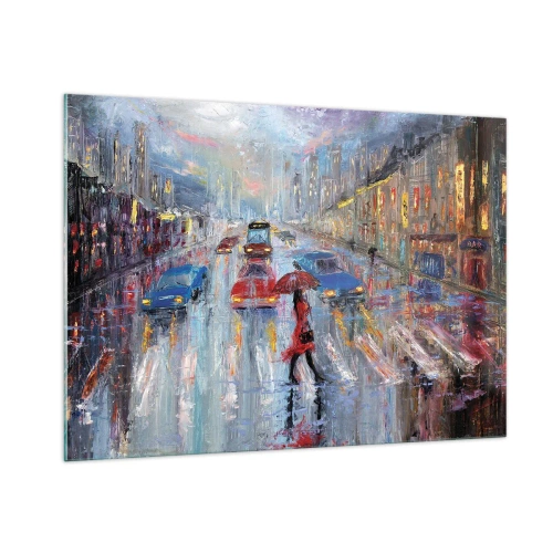 Impression sur verre - Image sur verre - Scène de ville la nuit avec pluie et lumières colorées - 100x70cm - Après-midi pluvieux en ville - Décoration murale moderne pour le salon et la chambre ARTTOR