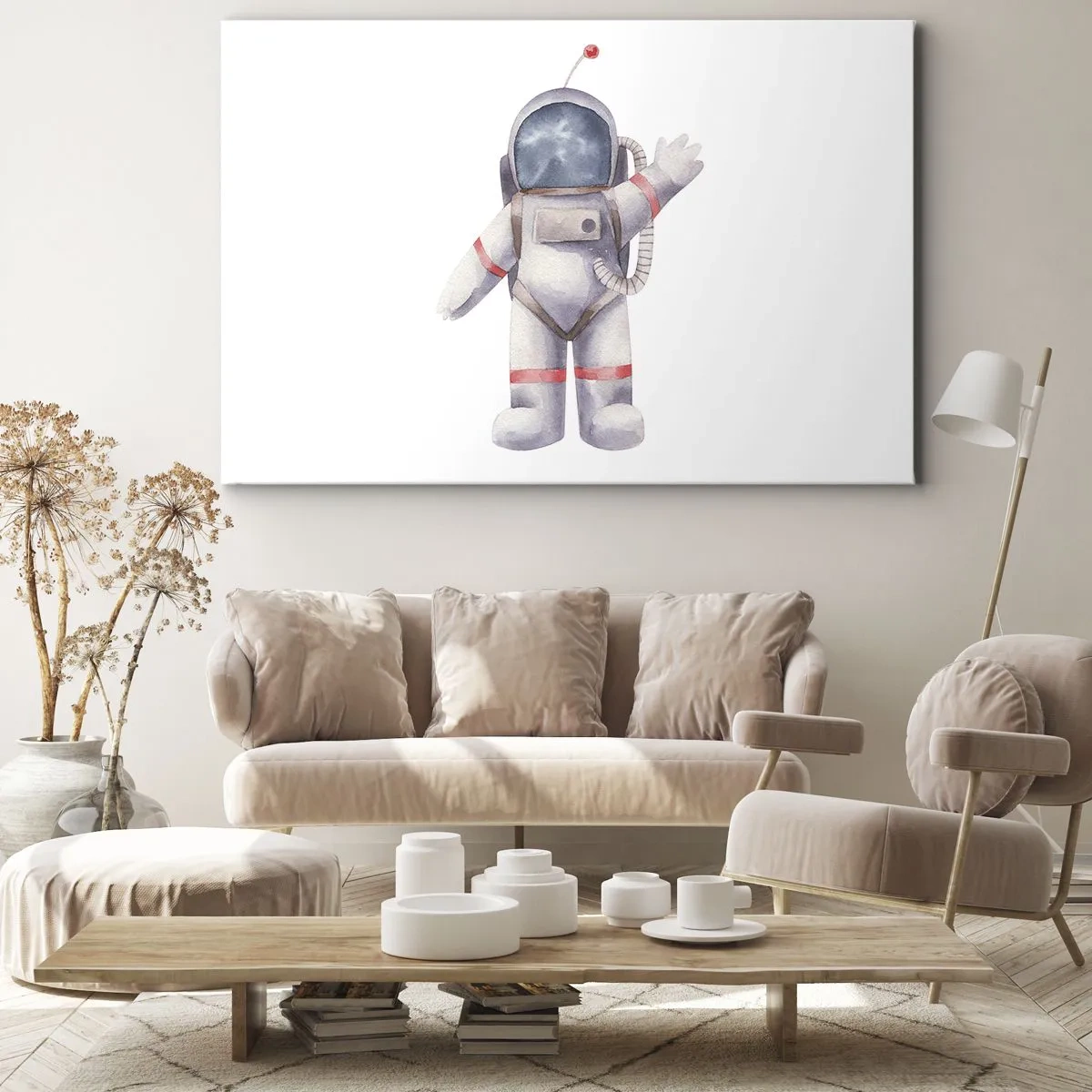 Impression sur toile - Image sur toile - Astronaute de style aquarelle sur fond blanc - 120x80cm - C'est tout pour le moment! - Décoration murale moderne pour le salon et la chambre ARTTOR