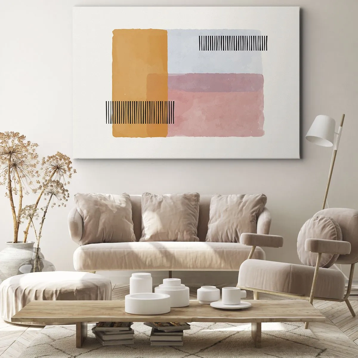 Impression sur toile - Image sur toile - Géométrie aux couleurs pastel avec des lignes sur fond clair - 70x50cm - D'un coin à l'autre - Décoration murale moderne pour le salon et la chambre ARTTOR