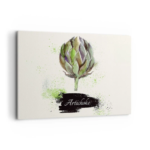 Impression sur toile - Image sur toile - Artichaut à l'aquarelle avec texte sur fond clair aux accents verts - 120x80cm - Vive les légumes! - Décoration murale moderne pour le salon et la chambre ARTTOR