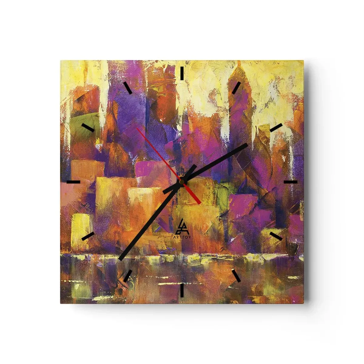 Horloge murale - Pendule murale - Composition abstraite d'une métropole dans les tons jaune et violet - 30x30cm - Composition métropolitaine - Décoration murale moderne pour le salon et la chambre ARTTOR