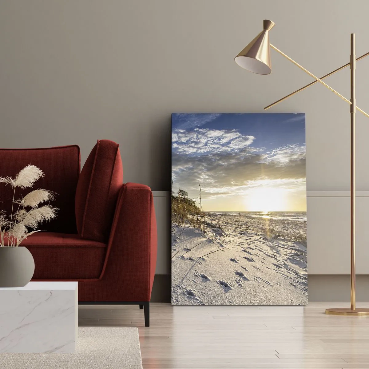 Impression sur toile - Image sur toile - Dunes avec de l'herbe et des empreintes de pas dans le sable au coucher du soleil - 50x70cm - Invitation à la ballade - Décoration murale moderne pour le salon et la chambre ARTTOR
