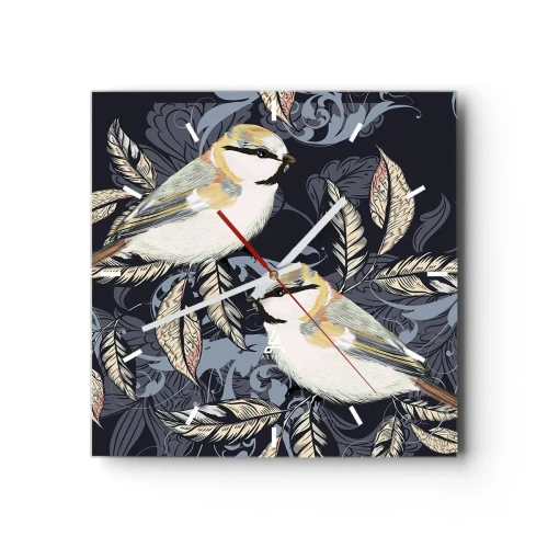 Horloge murale - Pendule murale - Oiseaux sur des branches dans un arrière-plan ornemental - 30x30cm - Babillement jaune et bleu - Décoration murale moderne pour le salon et la chambre ARTTOR