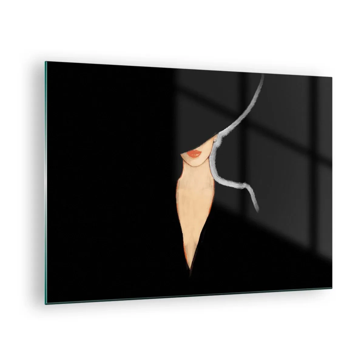 Impression sur verre - Image sur verre - Un portrait subtil d'une femme sur fond noir - 70x50cm - Élégance et style - Décoration murale moderne pour le salon et la chambre ARTTOR
