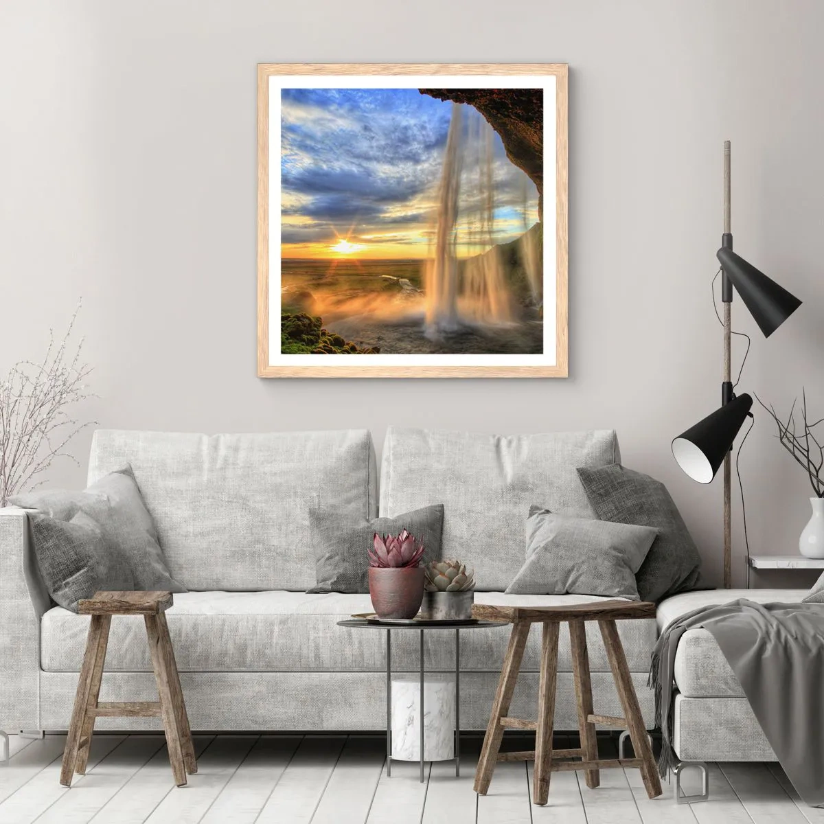 Affiche dans un chêne clair - Poster - Le monde derrière un voile de gouttes - 40x40 cm