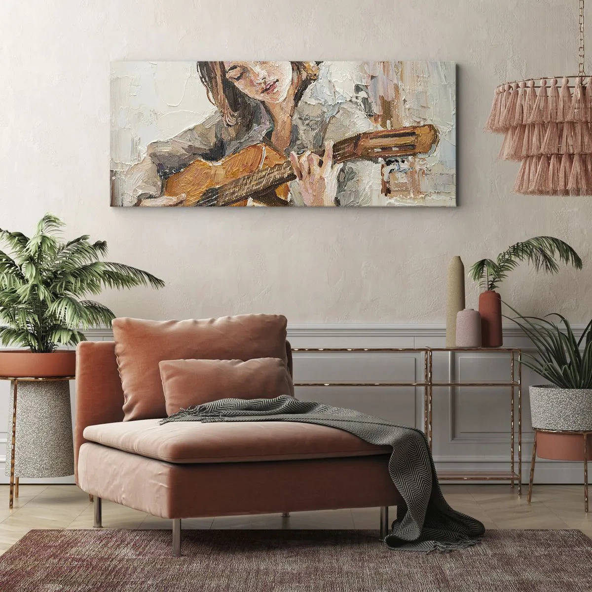 Impression sur toile - Image sur toile - Portrait d'une fille jouant de la guitare dans un style pictural aux couleurs chaudes. - 160x50cm - Concerto pour guitare et coeur de fille - Décoration murale moderne pour le salon et la chambre ARTTOR