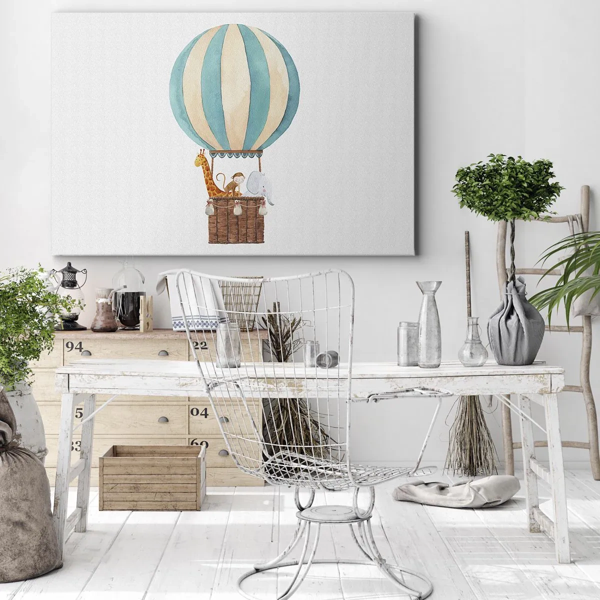 Impression sur toile - Image sur toile - Un ballon avec des animaux mignons aux couleurs pastel - 70x50cm - Voyage fantastique - Décoration murale moderne pour le salon et la chambre ARTTOR