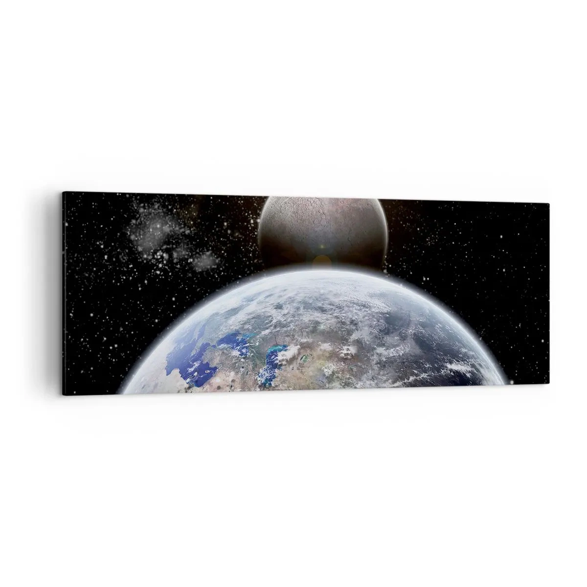 Impression sur toile - Image sur toile - La planète Terre et la Lune sur fond d'espace étoilé. - 140x50cm - Paysage cosmique - lever de soleil - Décoration murale moderne pour le salon et la chambre ARTTOR