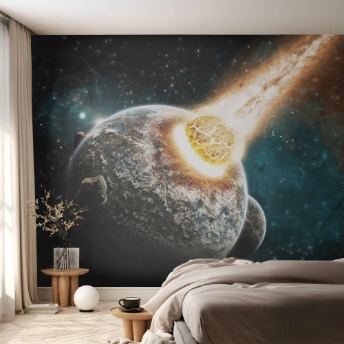 Papier Peint Photo Premium Canvas - Collision cosmique d'une planète avec un astéroïde à proximité de la galaxie. - 100x70cm - Destruction ou naissance? - Décoration murale moderne pour le salon et la chambre ARTTOR