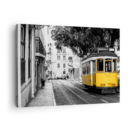 Impression sur toile - Image sur toile - Un tramway jaune sur fond de rue en noir et blanc - 70x50cm - Et du fado en arrière-plan - Décoration murale moderne pour le salon et la chambre ARTTOR