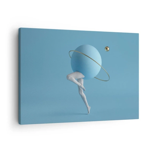Impression sur toile - Image sur toile - Une sphère bleue avec une orbite et des jambes humaines contre le ciel - 70x50cm - Et les planètes deviennent folles - Décoration murale moderne pour le salon et la chambre ARTTOR