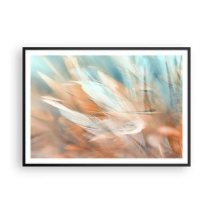 Affiche dans un cadre noir - Poster - Plumes délicates dans des tons pastel de bleu et d'orange - 100x70cm - Au pays de la douceur - Décoration murale moderne pour le salon et la chambre ARTTOR