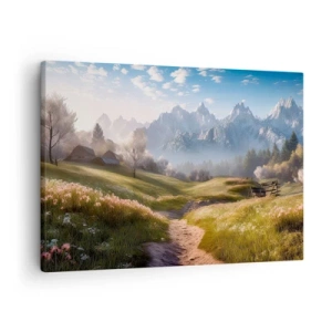 Impression sur toile - Image sur toile - Une vallée de montagne avec des prairies, des cabanes et une vue sur les sommets - 70x50cm - Vallée idyllique - Décoration murale moderne pour le salon et la chambre ARTTOR