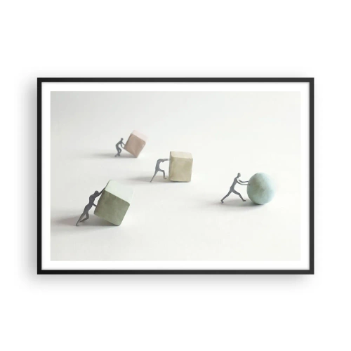 Affiche dans un cadre noir - Poster - Figurines miniatures poussant des formes sur un fond clair - 100x70cm - Rien que la vie - Décoration murale moderne pour le salon et la chambre ARTTOR