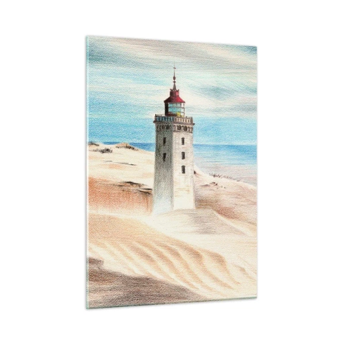 Impression sur verre - Image sur verre - Un phare sur une dune du désert au bord d'une mer calme - 50x70cm - Toujours regarder la mer - Décoration murale moderne pour le salon et la chambre ARTTOR
