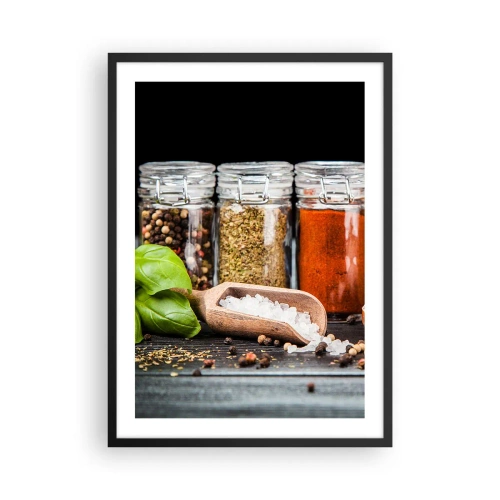Affiche dans un cadre noir - Poster - Pots d'épices sur fond sombre - 50x70cm - Pour que la vie ait du goût - Décoration murale moderne pour le salon et la chambre ARTTOR