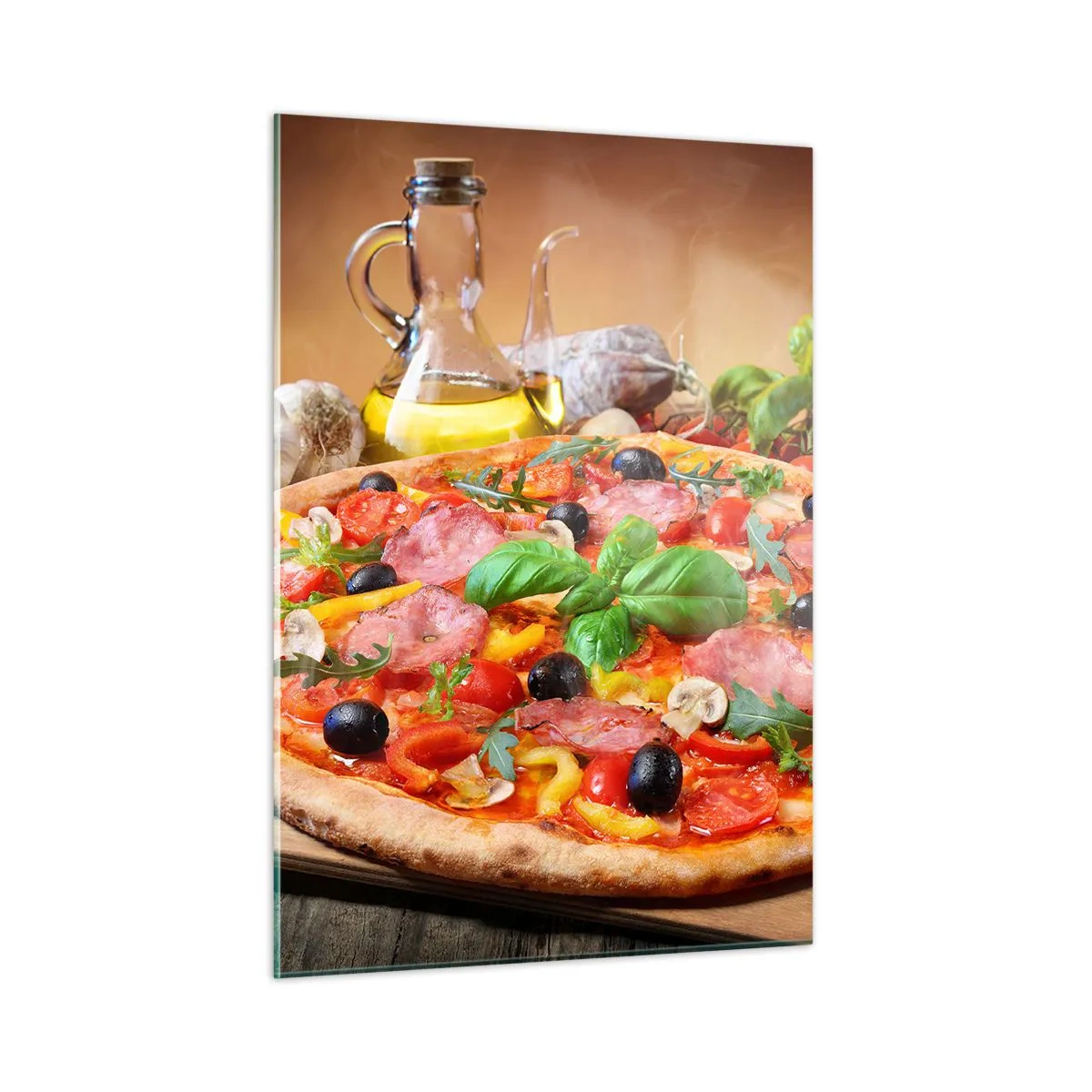 Impression sur verre - Image sur verre - Pizza avec garnitures sur une table en bois avec de l'huile d'olive et des épices - 50x70cm - Avec une vraie saveur italienne - Décoration murale moderne pour le salon et la chambre ARTTOR